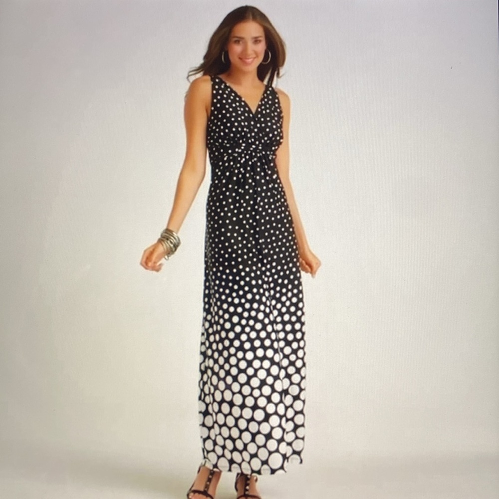 METAPHOR Black V-neck Maxi Dress Size Large w/ varied sizes of white Polka Dots